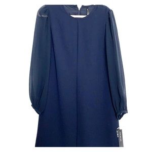 Dark blue dress with sheer sleeves and underslip.